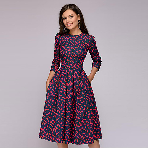 

Women's A Line Dress Knee Length Dress Wine Red Purple / Blue Blushing Pink White Red Navy Blue 3/4 Length Sleeve Print Ruched Patchwork Print Fall Round Neck Elegant Sexy Slim 2021 S M L XL XXL 3XL