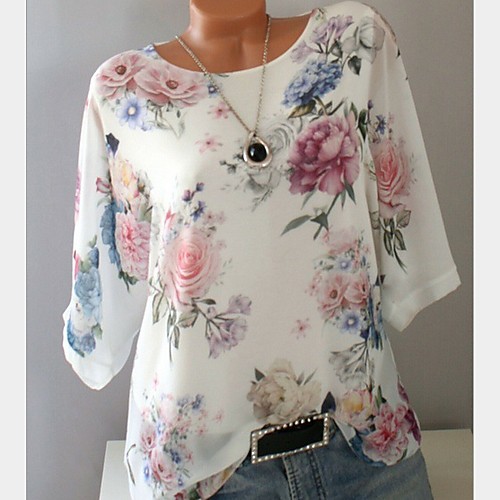 

Women's Plus Size Blouse T shirt Shirt Floral Flower Print Round Neck Tops White Blue Purple