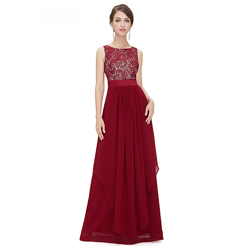 

A-Line Elegant Wedding Guest Formal Evening Valentine's Day Dress Jewel Neck Sleeveless Floor Length Chiffon Lace with Tier Lace Insert 2021