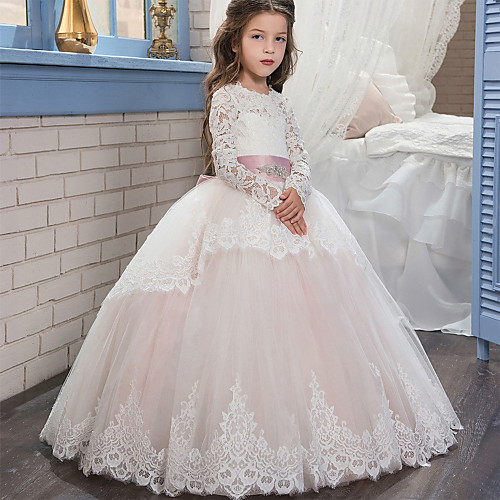 

Ball Gown Sweep / Brush Train Flower Girl Dresses Wedding Lace Long Sleeve Jewel Neck with Lace
