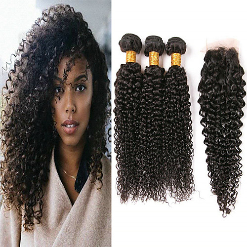 3 Bundles With Closure Brazilian Hair Kinky Curly Virgin Human