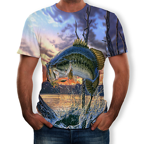 

Men's T shirt Graphic Scenery Animal Plus Size Print Short Sleeve Daily Tops Streetwear Exaggerated Round Neck Light Blue / Summer