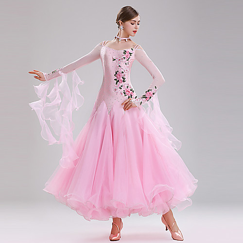 

Ballroom Dance Dress Embroidery Appliques Split Joint Women's Training Performance Long Sleeve Spandex Organza Polyster Pink Dancewear Stage Wear