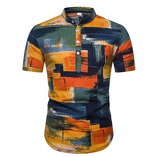 

Men's Shirt Color Block Camo / Camouflage Print Short Sleeve Holiday Tops Cotton Boho Yellow