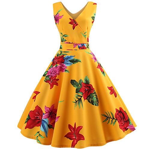 

Women's Chiffon Dress Yellow Short Sleeve Floral Lace up Bow Deep V Vintage Loose S M L XL XXL