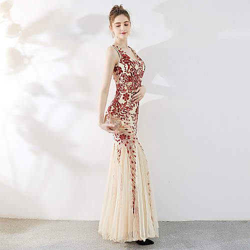 

Mermaid / Trumpet Elegant & Luxurious Elegant Formal Evening Dress Plunging Neck Sleeveless Floor Length Tulle Sequined with Sequin 2021