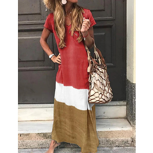 

Women's Shift Dress Maxi long Dress Yellow Gray Green Red Navy Blue Short Sleeve Color Block Print Summer V Neck Hot Casual Vacation Beach 2021 S M L XL XXL 3XL 4XL 5XL
