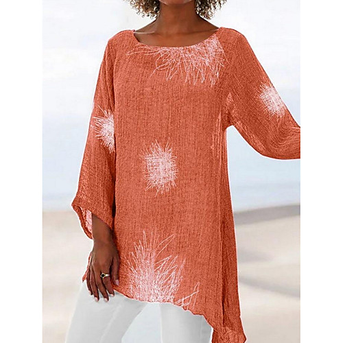 

Women's T shirt Geometric Plus Size Long Sleeve Daily Tops Red Orange Khaki