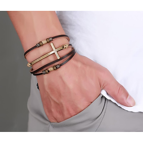

Men's Leather Bracelet Loom Bracelet Braided Cross Statement Stylish Punk Trendy Rock Titanium Steel Bracelet Jewelry Brown For Party Gift Daily Carnival Club