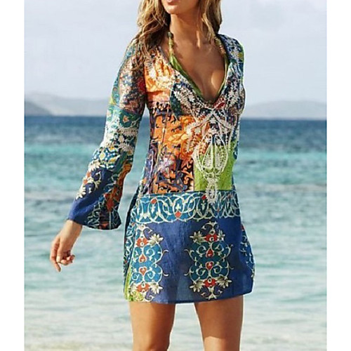 

Women's Sheath Dress Short Mini Dress Blue Long Sleeve Graphic Print Summer Deep V Boho Holiday Beach Boho Bohemia Beach S M L XL XXL
