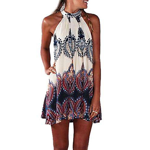 

Women's A Line Dress Short Mini Dress Blue Sleeveless Geometric Print Summer Halter Neck Boho Beach Loose Off Shoulder S M L XL XXL / Cotton / Cotton