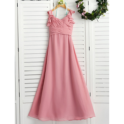 

A-Line Maxi Junior Bridesmaid Dress Wedding Chiffon Sleeveless Boat Neck with Cascading Ruffles