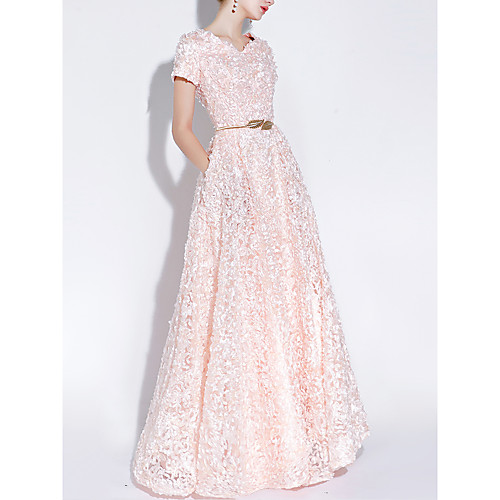 

A-Line Elegant Pink Prom Formal Evening Dress V Neck Short Sleeve Floor Length Lace with Sash / Ribbon Appliques 2020