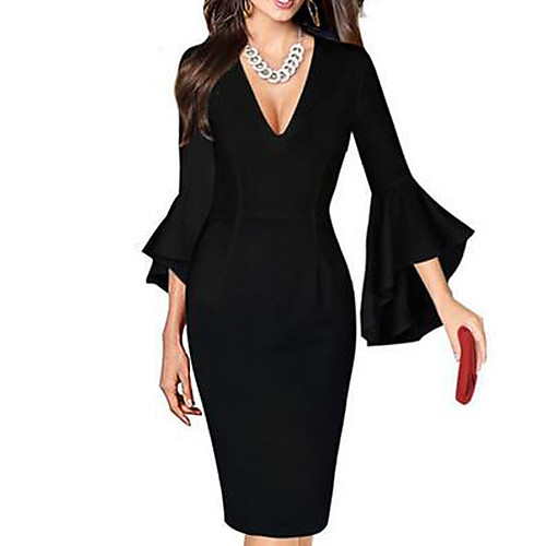 

Women's Sheath Dress Knee Length Dress Black / Red Black / White Red / White Rainbow Purple Red Blushing Pink Green Royal Blue White Half Sleeve Print Spring Summer Deep V Hot Sexy Work Flare Cuff