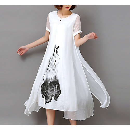 

Women's Chiffon Dress Midi Dress White Black Short Sleeve White Floral Print Summer Round Neck Going out Loose S M L XL XXL 3XL 4XL 5XL / Plus Size / Plus Size