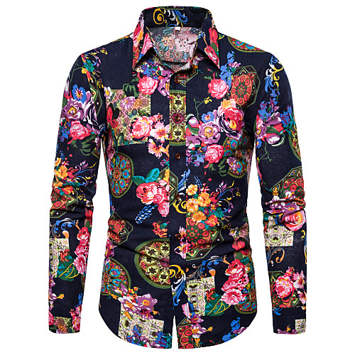 

Men's Shirt Floral Graphic Tribal Print Long Sleeve Street Tops Exaggerated Classic Collar Black / Club