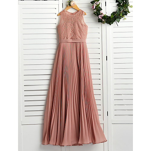 

A-Line Maxi Junior Bridesmaid Dress Party Chiffon Sleeveless Crew Neck with Lace