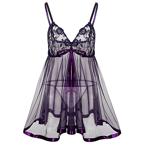 

Women's Cut Out Mesh Lace Plus Size Super Sexy Suits Nightwear Solid Colored Purple S M L / Bow / Deep V / Bow