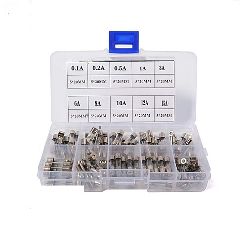 

100pcs Fast-blow Glass Fuses Assorted Kit 5x20mm 250V 0.1 0.2 0.5 1 3 6 8 10 12 15A Tube Fuses with Plastic Box