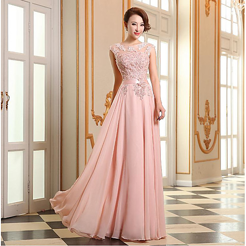 

A-Line Empire Elegant Prom Formal Evening Dress Illusion Neck Sleeveless Floor Length Georgette Beaded Lace with Appliques 2021