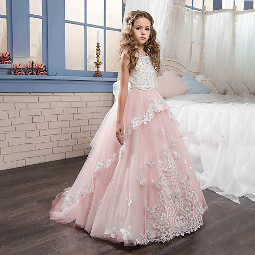 

Princess Sweep / Brush Train Flower Girl Dresses Party Cotton / nylon with a hint of stretch Sleeveless Jewel Neck with Lace
