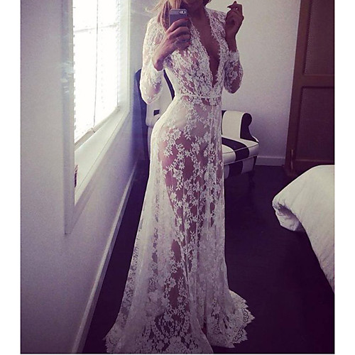 

Women's Maxi long Dress White Long Sleeve Lace Spring Deep V Party Lace S M L XL / Cotton / Super Sexy / Cotton