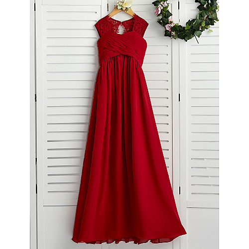 

A-Line Floor Length Junior Bridesmaid Dress Wedding Chiffon Sleeveless Square Neck with Lace