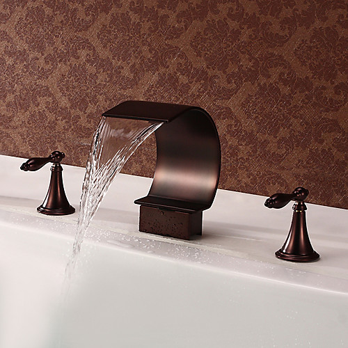 

Bathroom Sink Faucet,Waterfall Oil-rubbed Bronze Widespread Two Handles Three Holes Bath Taps with Hot and Cold Switch