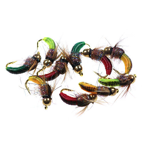

12# 6pcs Rock Worm Caddis nymph green/orange/red/dark green/mix colour Hot Spot Fly Fishing Flies lure baits