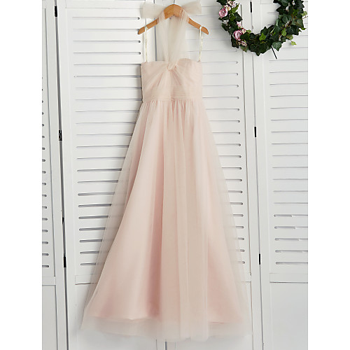 

A-Line Floor Length Junior Bridesmaid Dress Wedding Tulle Sleeveless Halter Neck with Ruching