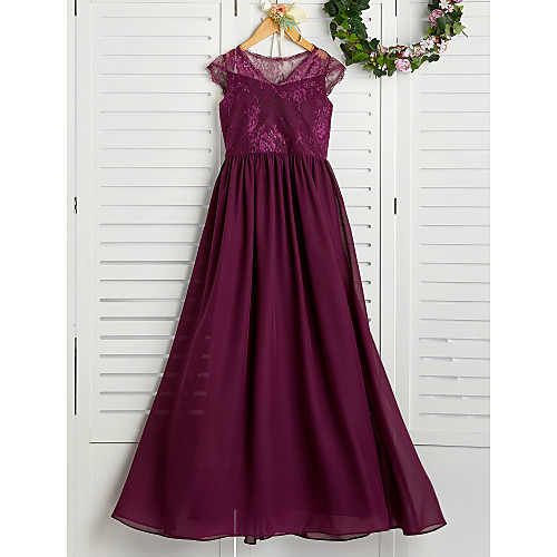 

A-Line Maxi Junior Bridesmaid Dress Wedding Chiffon Sleeveless V Neck with Appliques