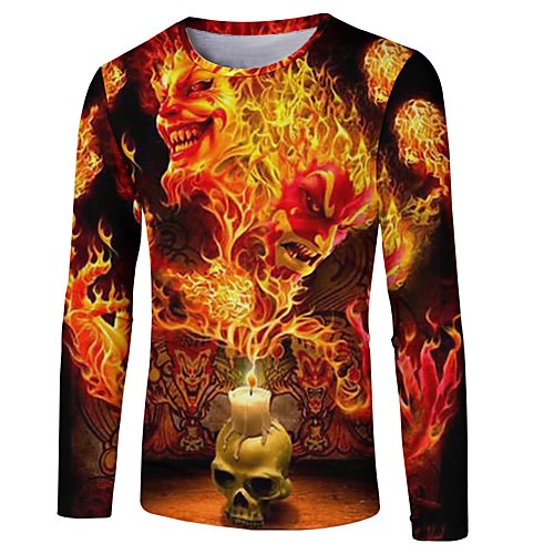 

Men's T shirt Color Block 3D Skull Plus Size Print Long Sleeve Casual / Daily Tops Basic Streetwear Yellow