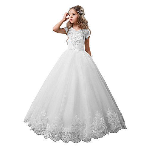 

Princess Floor Length Flower Girl Dresses Wedding Cotton / nylon with a hint of stretch Short Sleeve Jewel Neck with Lace / First Communion