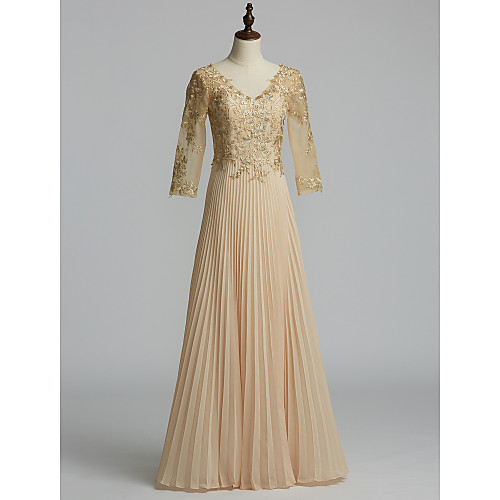 

A-Line Mother of the Bride Dress Elegant & Luxurious V Neck Floor Length Chiffon Half Sleeve with Draping Appliques 2021