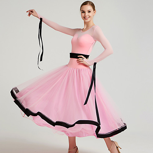 

Ballroom Dance Dress Bow(s) Split Joint Women's Training Performance Long Sleeve Mesh Tulle Pleuche