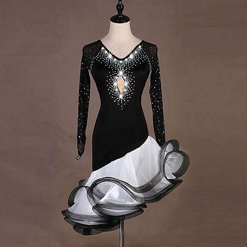 

Latin Dance Dress Ruching Crystals / Rhinestones Women's Performance Long Sleeve Spandex Organza