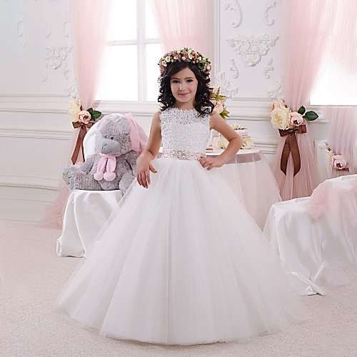 

Princess Floor Length Flower Girl Dresses Wedding Lace Sleeveless Jewel Neck with Lace / First Communion