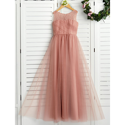 

A-Line Maxi Junior Bridesmaid Dress Party Lace Sleeveless Crew Neck with Lace