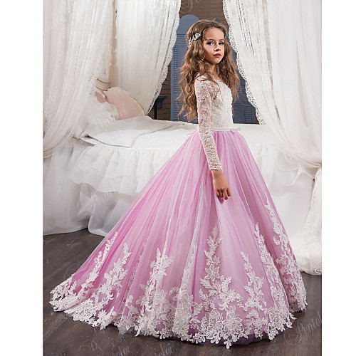 

Ball Gown Sweep / Brush Train Flower Girl Dresses Wedding Lace Long Sleeve Jewel Neck with Lace