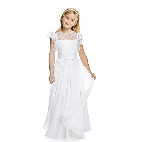 

Sheath / Column Long Length Flower Girl Dresses Party Chiffon Short Sleeve Jewel Neck with Lace / First Communion