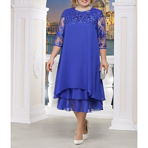 

A-Line Mother of the Bride Dress Plus Size Jewel Neck Ankle Length Chiffon Lace 3/4 Length Sleeve with Tier Appliques 2021