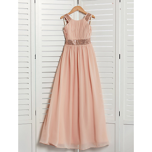 

A-Line Maxi Junior Bridesmaid Dress Wedding Chiffon Sleeveless Jewel Neck with Lace