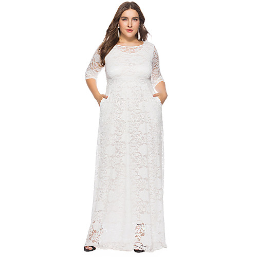 

Sheath / Column Plus Size White Holiday Wedding Guest Dress Jewel Neck Half Sleeve Floor Length Lace with Lace Insert 2021