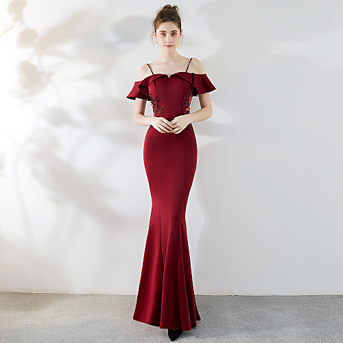

Mermaid / Trumpet Elegant & Luxurious Elegant Formal Evening Dress Spaghetti Strap Short Sleeve Floor Length Satin Tulle with Beading 2021