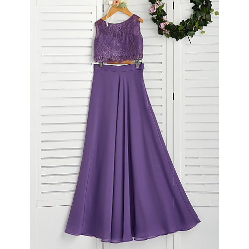 

Two Piece Maxi Junior Bridesmaid Dress Wedding Chiffon Sleeveless Crew Neck with Lace