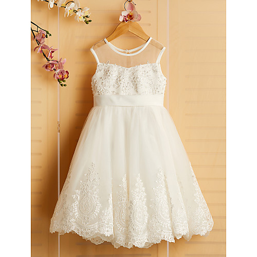 

Princess Tea Length Flower Girl Dresses Wedding Satin Sleeveless Jewel Neck with Bows