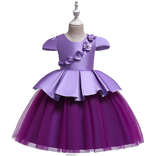 

Princess Knee Length Flower Girl Dresses Party Satin Cap Sleeve Jewel Neck with Belt