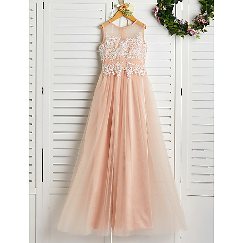 

A-Line Sweep / Brush Train Junior Bridesmaid Dress Wedding Lace Sleeveless Jewel Neck with Appliques