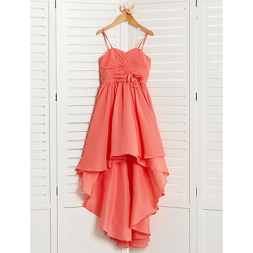 

A-Line Asymmetrical Junior Bridesmaid Dress Wedding Chiffon Sleeveless Spaghetti Strap with Pleats