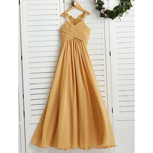 

A-Line Floor Length Junior Bridesmaid Dress Wedding Chiffon Sleeveless Halter Neck with Appliques / Wedding Party